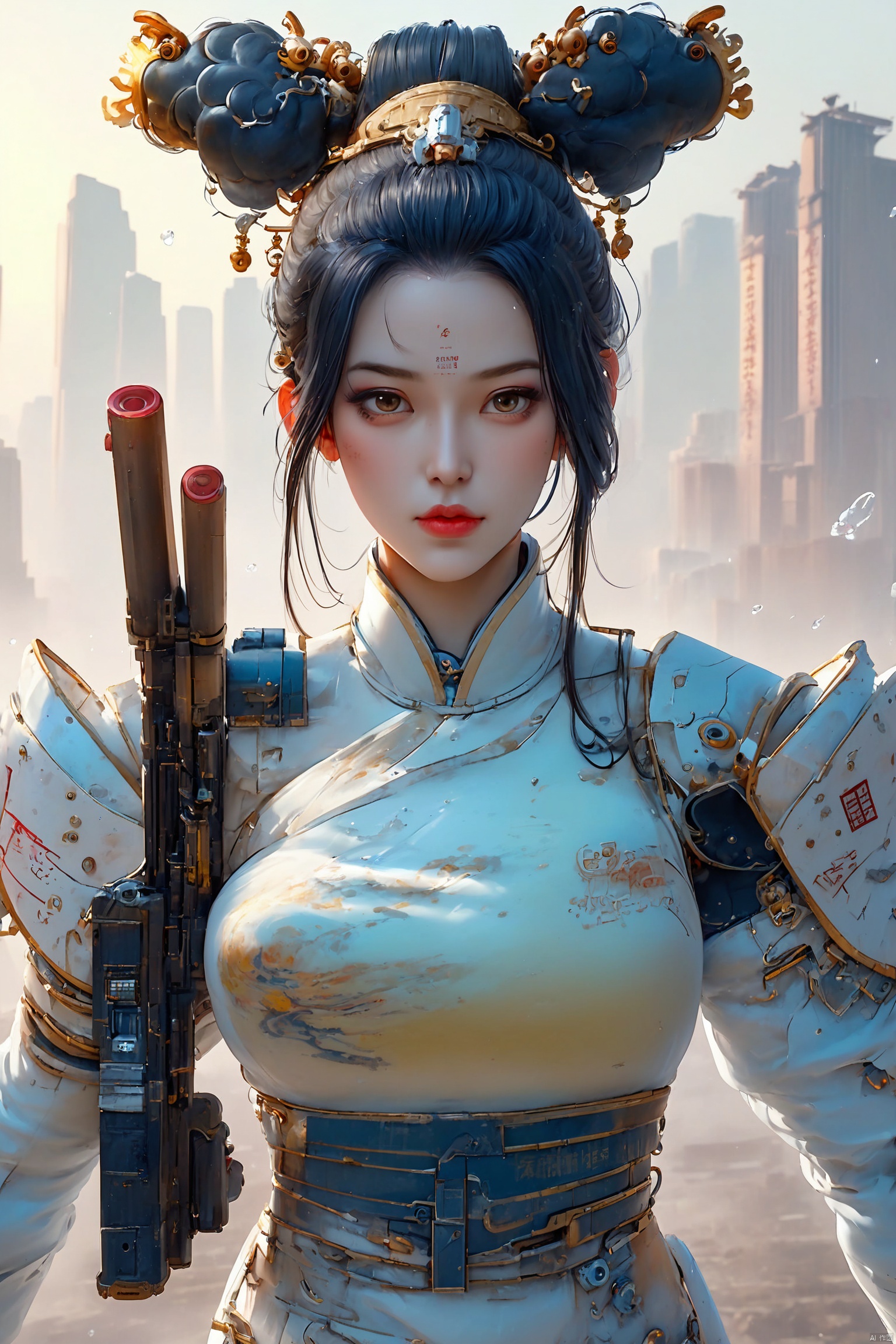 国漫风格, 1girl,机甲,赛博朋克,枪,中国传统画风,唐代画风,鱼眼,杰作,顶级品质,最佳品质,官方艺术,美丽而唯美,动画,8k 