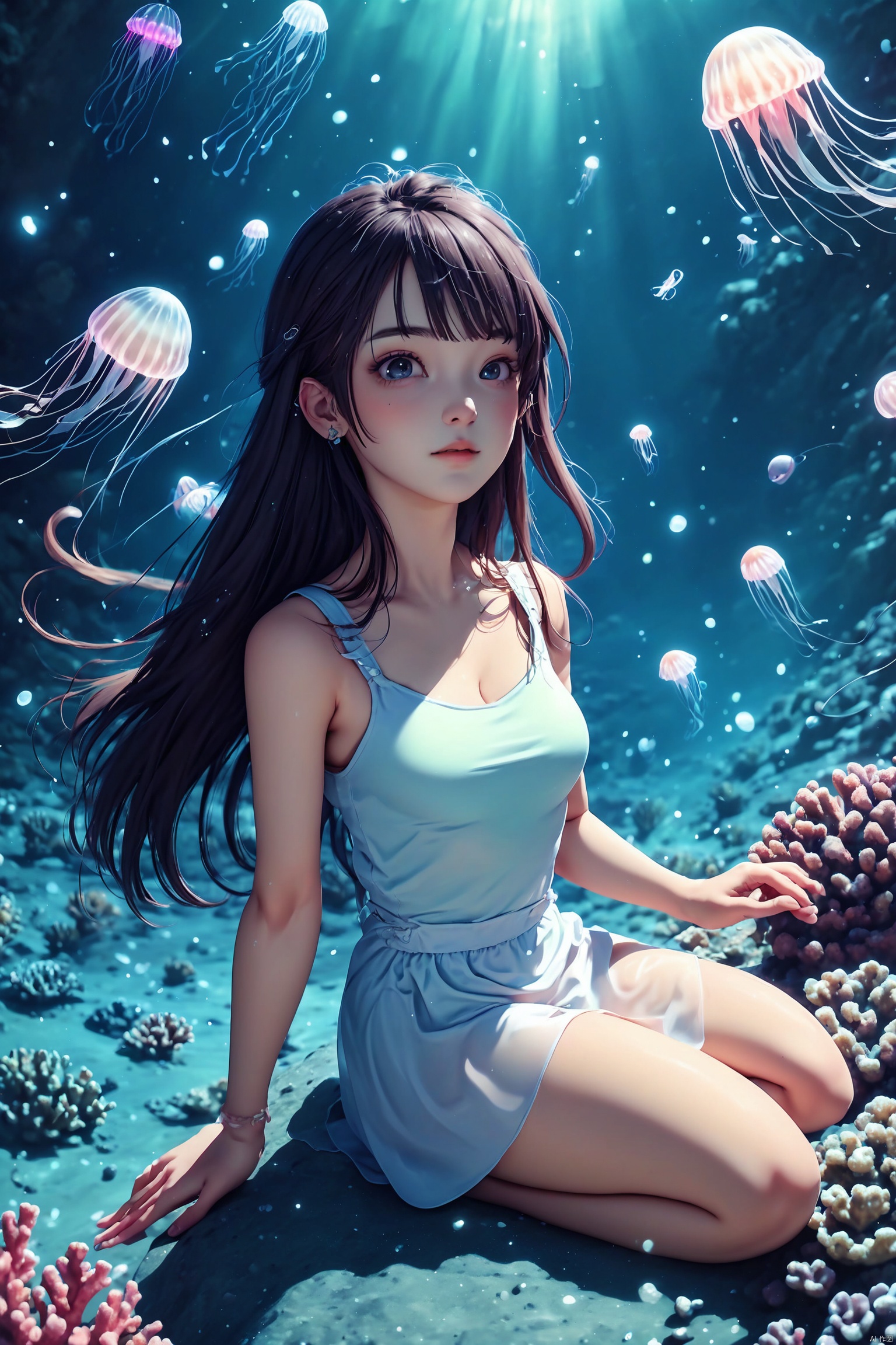 国漫风格, 杰作,最佳质量,（原始图像,最佳质量）,半透明发光水母,1女孩,独奏,(清晰的海底世界),头发飘扬,艺术风格,全身,全景,顶视图,（坐在珊瑚礁上的女孩）,射入水中的光,反射光,水母森林,电影渲染,