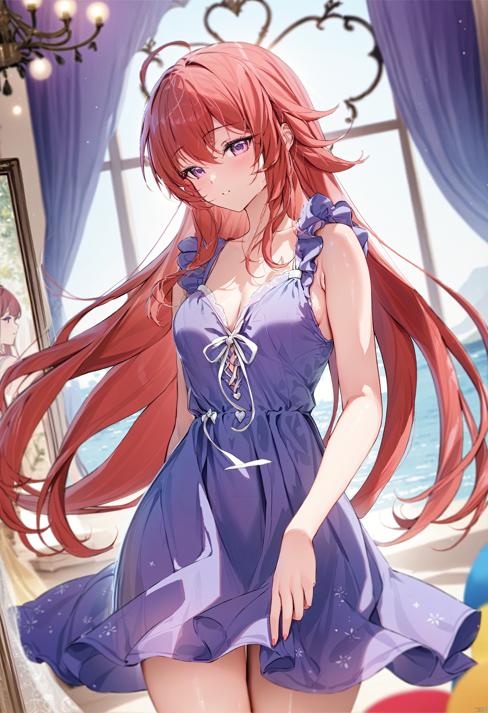 masterpiece,best quality,masterpiece,best quality, 
1girl, solo focus, long hair, red hair, purple eyes, summer dress, cowboy shot, blurry background, depth of field, 
BREAK fine fabric emphasis,best quality,masterpiece,best quality,amazing quality,very aesthetic,absurdres,best quality,amazing quality,very aesthetic,absurdres,Highly detailed,best quality,masterpiece,Highly detailed,
