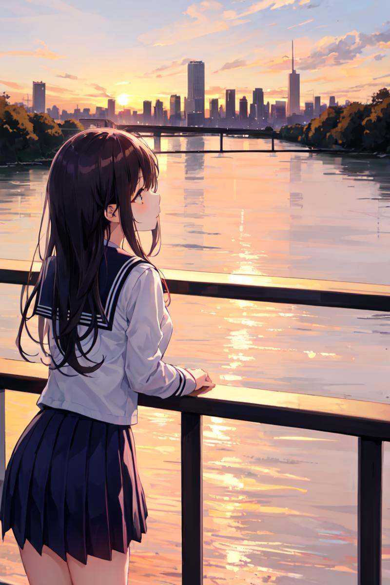 1girl,  school uniform,  leaning against a railing on a bridge on Tensor.Art