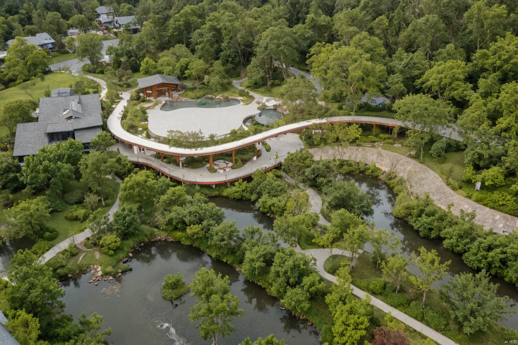 Natural landscape, aerial view, a B&B with white mixed wood veneer, beside a river, surrounded by various trees, including crape myrtle trees, red maples, and a cement road, sunny, high quality, masterpiece,overpass