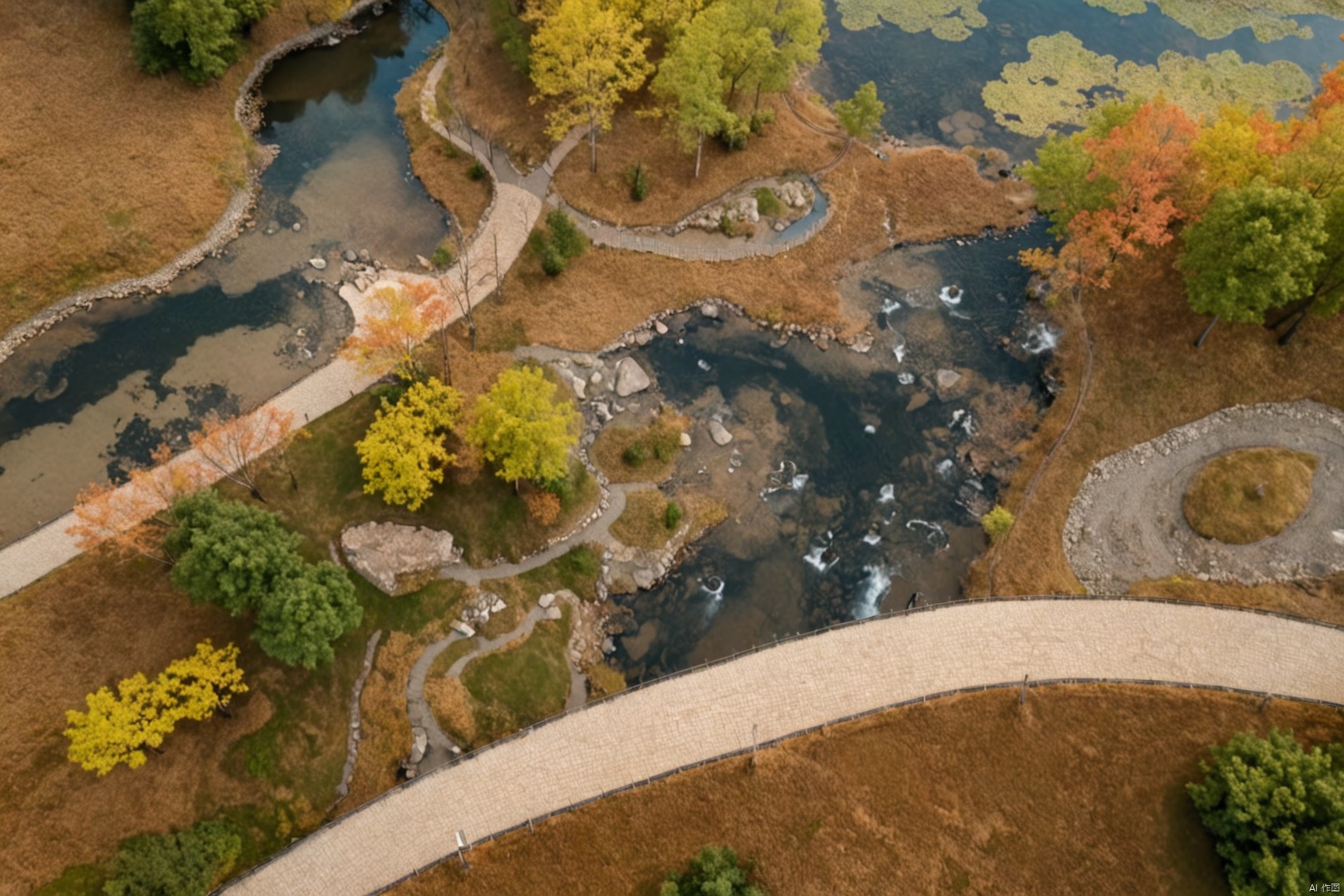 Natural landscape, side view down, stream, maple trees, aerial view, beautiful scenery