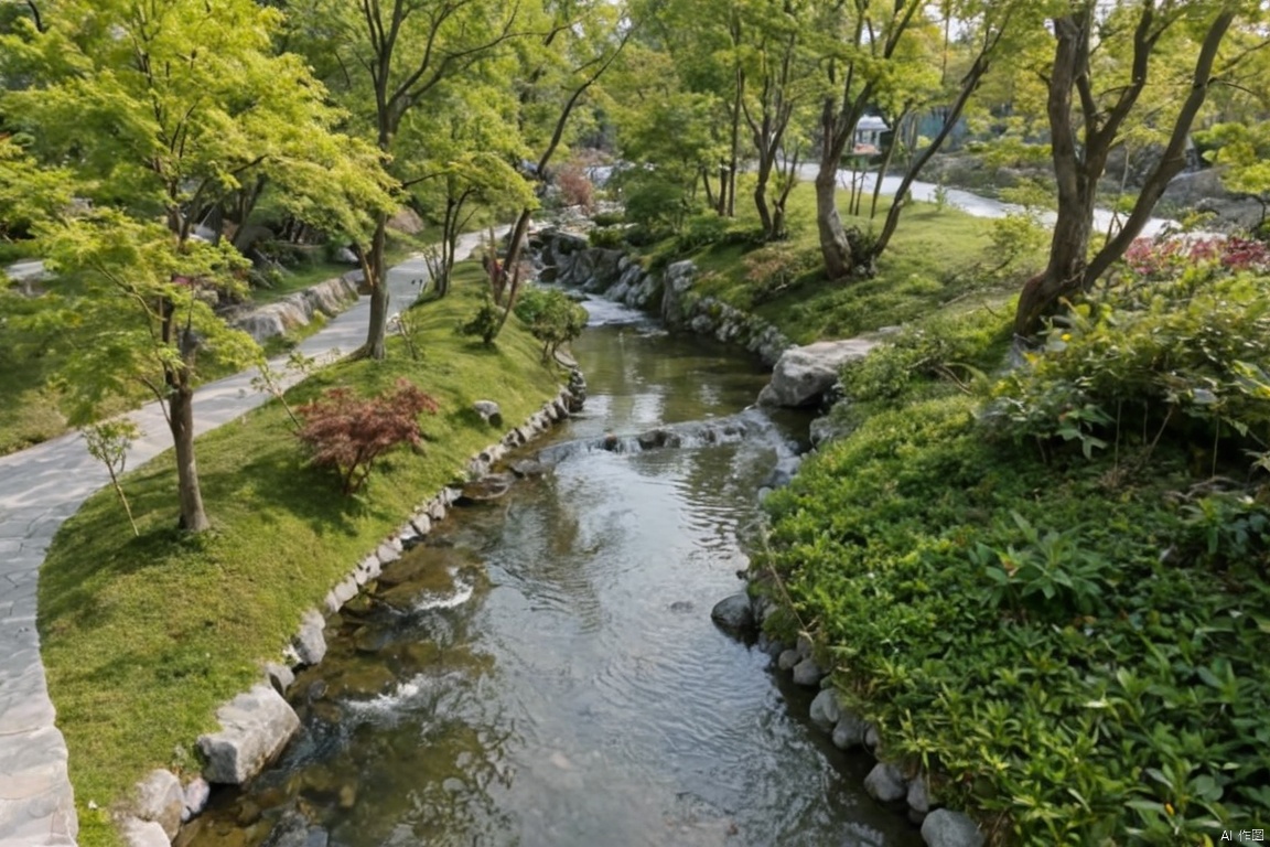 Natural landscape, side view down, stream, maple trees, 鸟瞰图