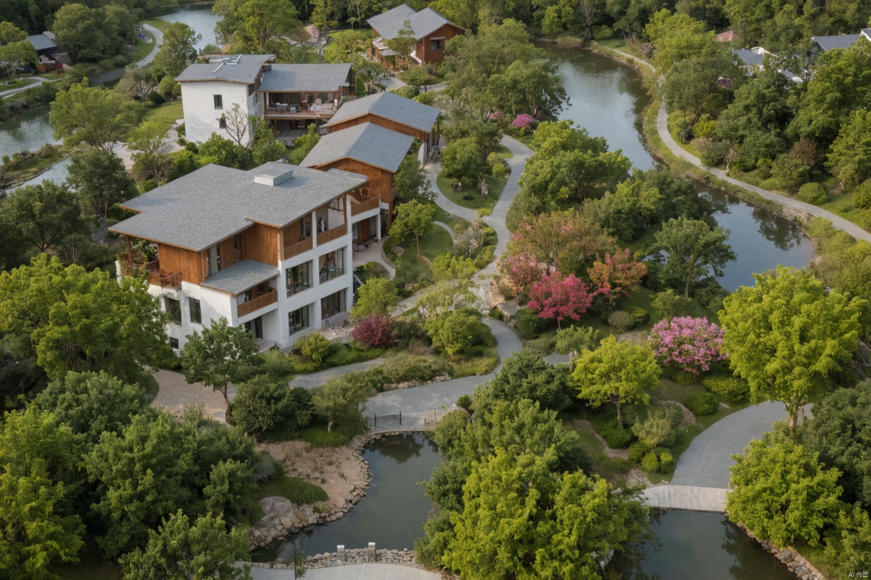 Natural landscape, aerial view, a B&B with white mixed wood veneer, beside a river, surrounded by various trees, including crape myrtle trees, red maples, and a cement road, sunny, high quality, masterpiece