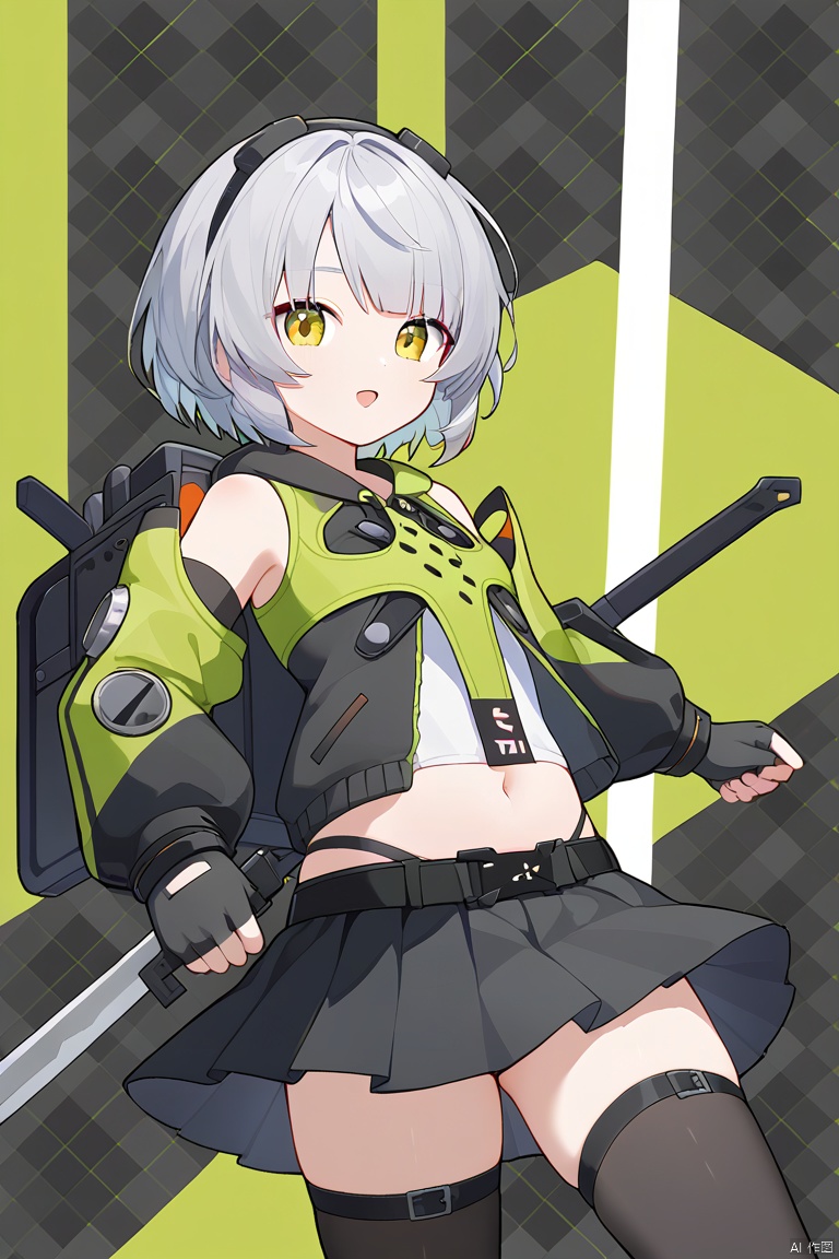  nai3, 11girl,solo,(masterpiece:1.3),( beautiful:1.2),(high quality:1.2),(finely detailed:1.2),extremely detailed CG unity 8k wallpaper,best quality,a very delicate and beautiful,perfect fingers,(one cute girl at the center:1.2),

1girl, solo, looking at viewer, short hair, open mouth, bangs, skirt, thighhighs, gloves, navel, holding, jacket, yellow eyes, weapon, grey hair, pleated skirt, detached sleeves, sleeveless, black gloves, midriff, sword, black thighhighs, black skirt, holding weapon, black jacket, thigh strap, green background, shield, argyle background,anby