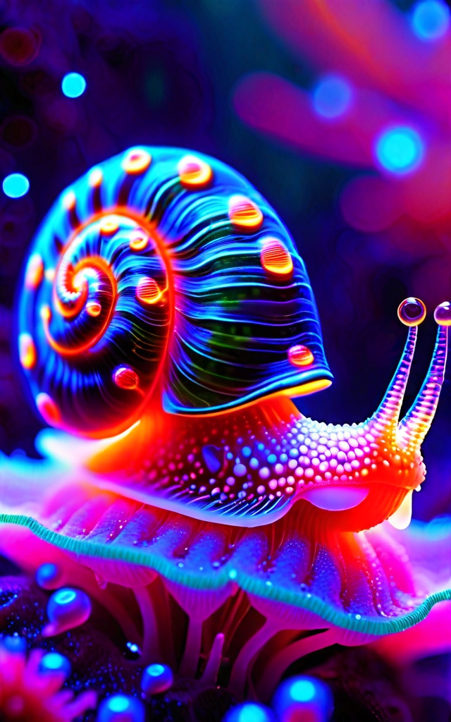 Hyper-realistic UV-reactive snail with a bioluminescent shell in vibrant purples and blues,  covered in neon orange and gr...