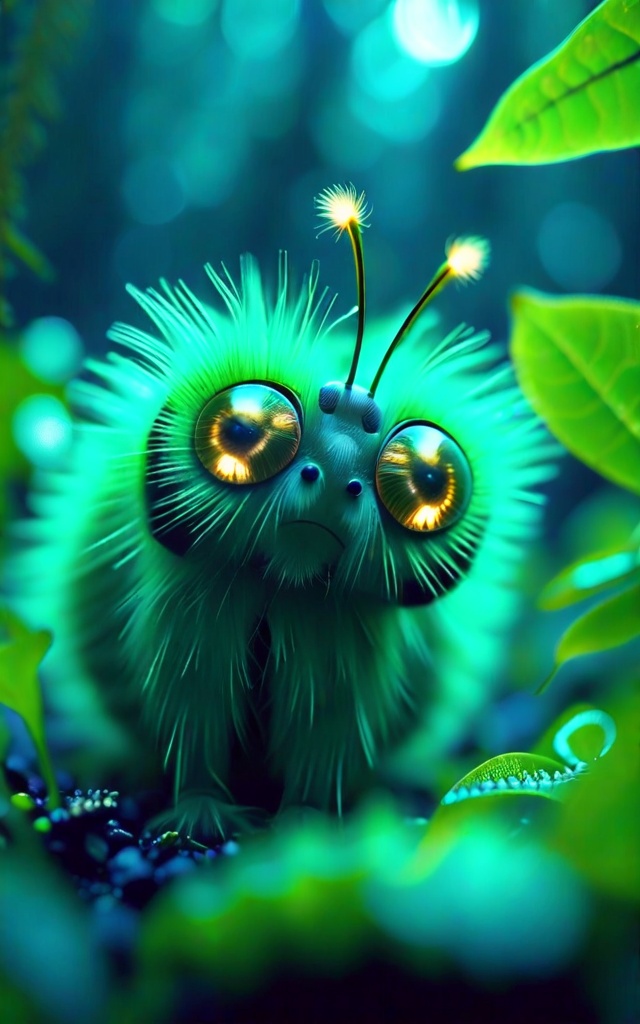 Macro shot of a whimsical furry green creature with large golden eyes,  resembling a fluffy caterpillar. Perched on a dark...