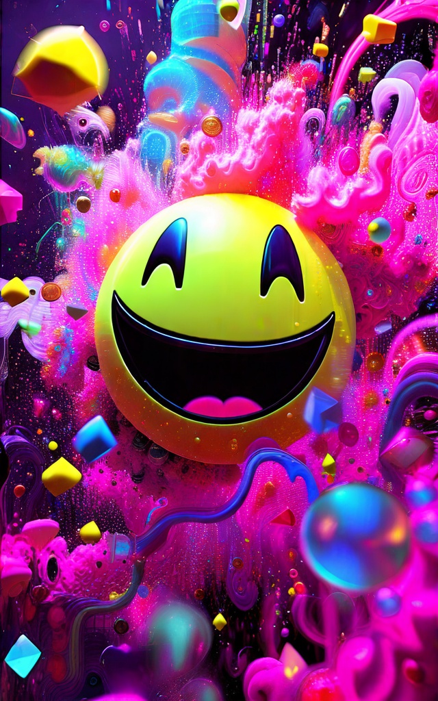Surreal explosion of vibrant colors centered around a cosmic smiley face. Swirling neon hues—electric blue,  fuchsia,  yel...