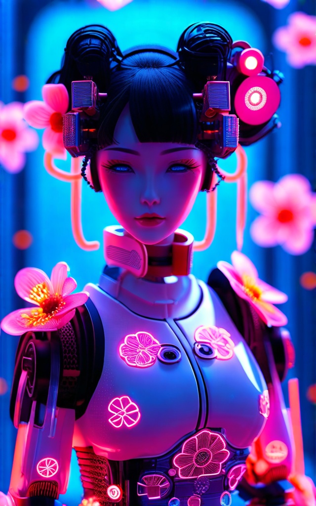 tiny neon glass filaments,  Android,  geisha on Tensor.Art