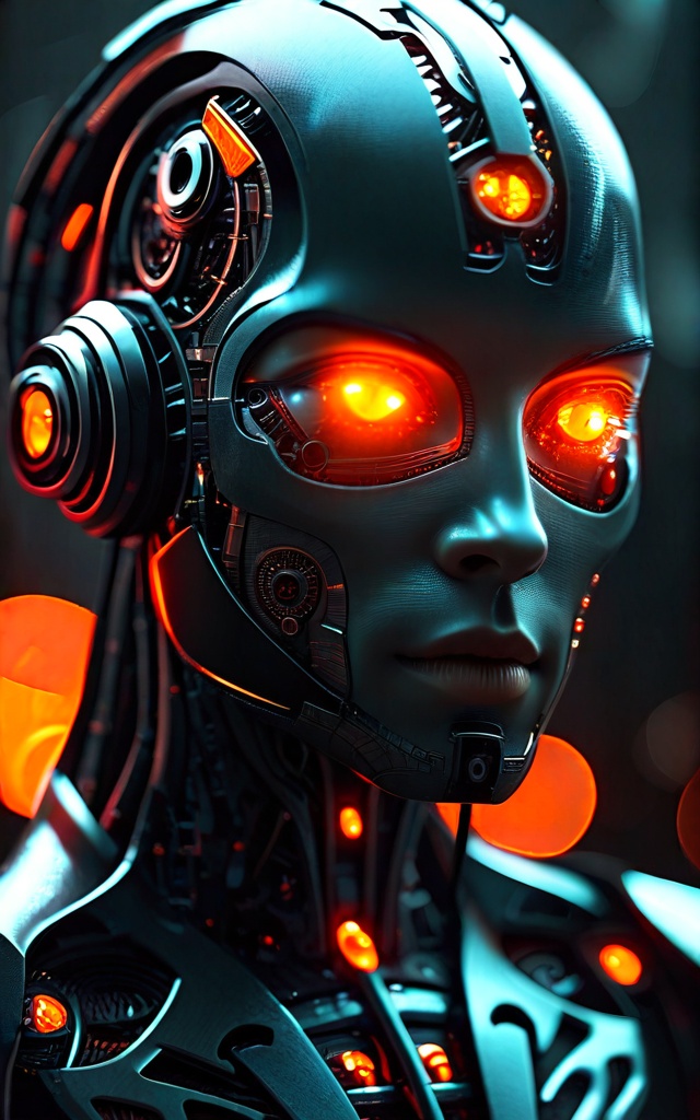 Close-up of a humanoid figure with a smooth face partially revealing intricate mechanical details beneath,  glowing orange...
