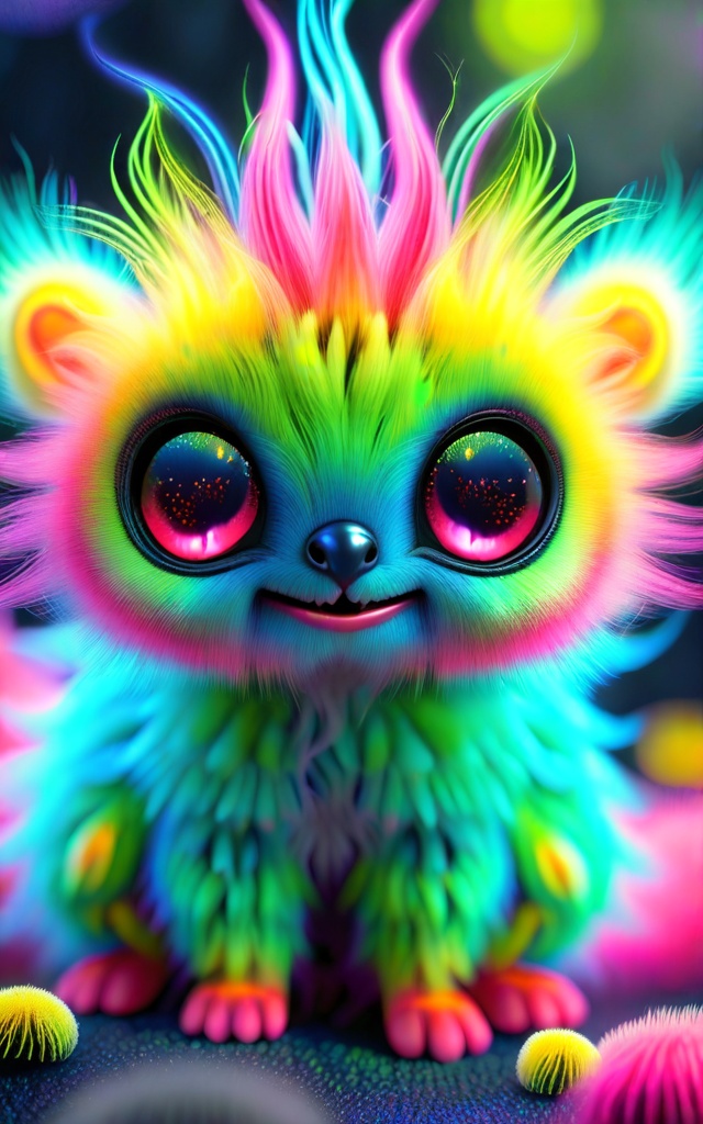 Adorable rainbow creature with hyper-detailed fur in prismatic colors,  blending from neon pink to electric blue,  yellow...