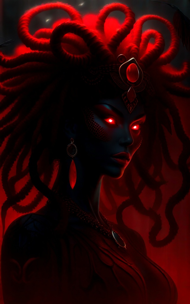 Antagonist Medusa with gems of mist mad gaze,  dark deception,  cinematic in Greg Rutkowski style on Tensor.Art