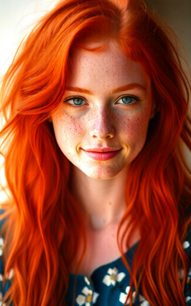 Realistic candid photo,  young red-haired girl,  portrait of a redhead with freckles on Tensor.Art
