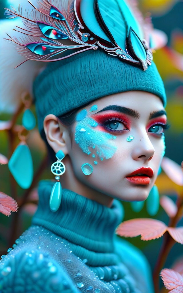 Close-up headshot of a [Enigmatic|Voluminous] Amphitrite peering through a [Cropped sweater and midi skirt|Flat cap] of Po...