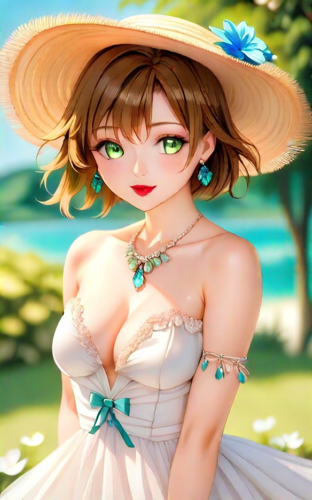1girl, solo, breasts, looking at viewer, blush, short hair, brown hair, dress, hat, bow, cleavage, jewelry, bare shoulders, medium breasts, green eyes, collarbone, flower, outdoors, earrings, parted lips, sleeveless, day, white dress, bare arms, blue bow, hat bow, sun hat