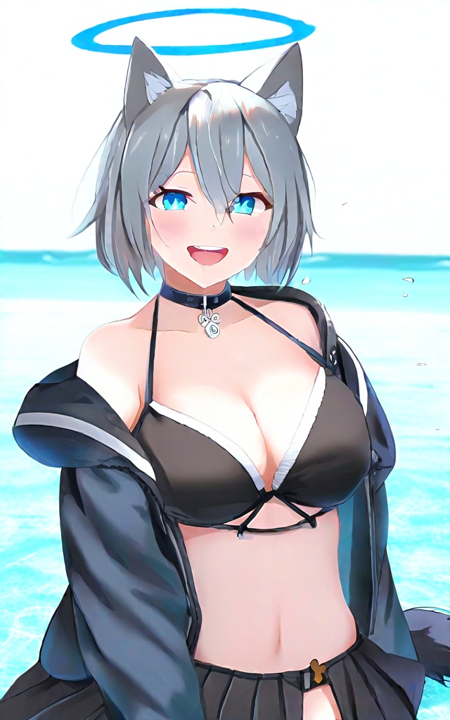1girl, solo, breasts, looking at viewer, smile, blue eyes, large breasts, hair ornament, animal ears, closed mouth, cleavage, jacket, collarbone, swimsuit, grey hair, bikini, choker, black skirt, open jacket, halo, animal ear fluff, covered navel, black bikini, wolf ears, extra ears, stud earrings, shiroko (blue archive)