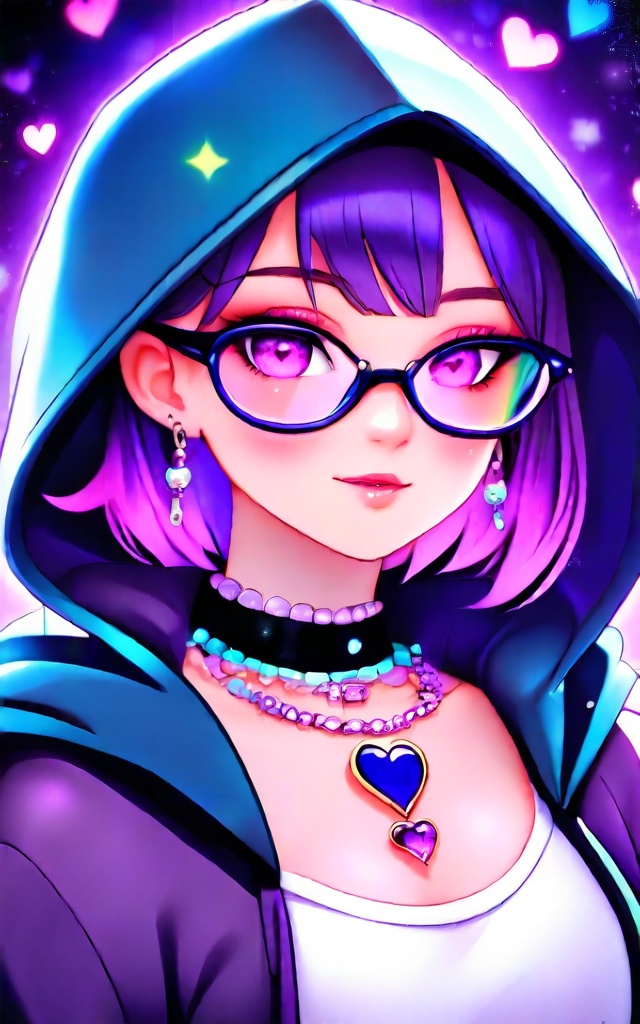 1girl, solo, looking at viewer, hat, jewelry, purple eyes, purple hair, heart, earrings, choker, glasses, hood, heart earrings

