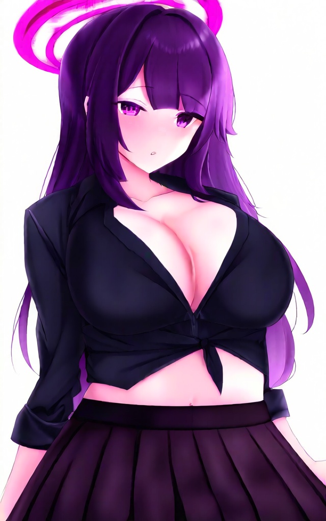 1girl, solo, long hair, breasts, looking at viewer, blush, shirt, large breasts, skirt, cleavage, underwear, purple hair, on back, clothes lift, bra, halo, black shirt, shirt lift, black bra, yuuka (blue archive), yuuka (track) (blue archive)
