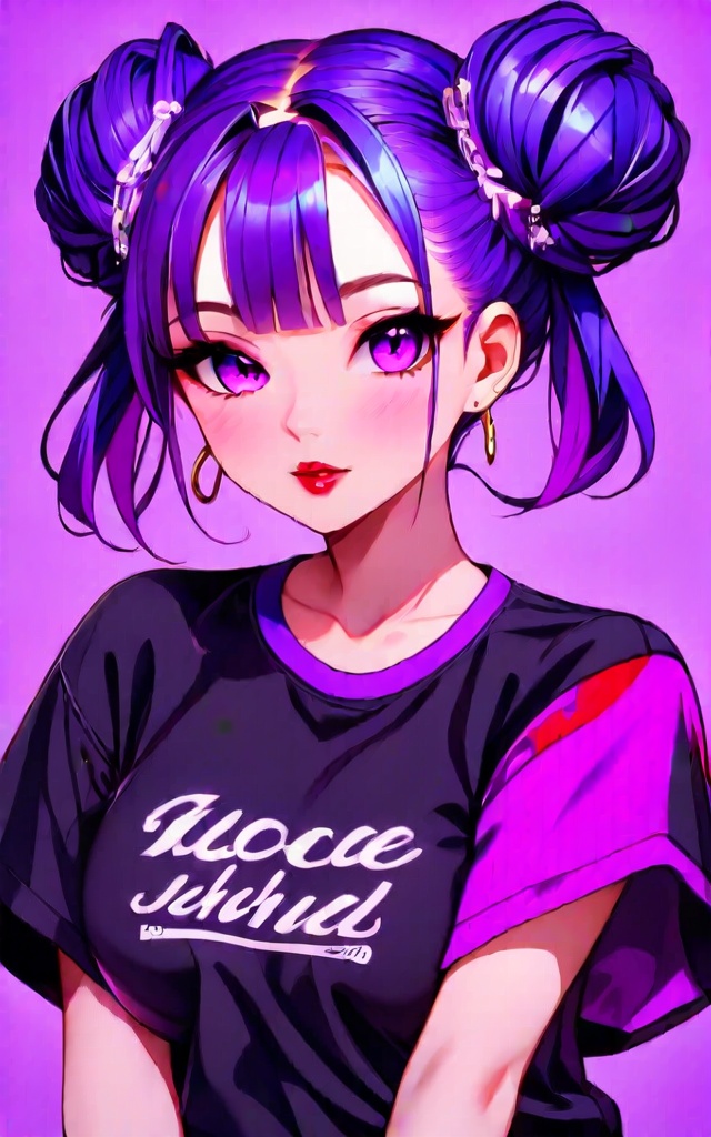 1girl, solo, breasts, looking at viewer, simple background, shirt, closed mouth, purple eyes, upper body, purple hair, multicolored hair, short sleeves, hair bun, black shirt, double bun, clothes writing, purple background