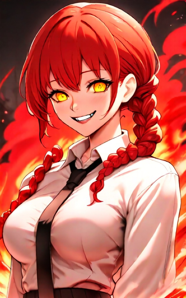 1girl, solo, breasts, looking at viewer, smile, shirt, white shirt, yellow eyes, braid, red hair, collared shirt, ringed eyes, makima (chainsaw man)
