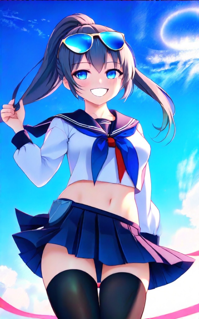 1girl, solo, long hair, looking at viewer, smile, blue eyes, skirt, long sleeves, thighhighs, school uniform, ponytail, pleated skirt, sky, choker, serafuku, black thighhighs, sailor collar, mole, crop top, neckerchief, mole under eye, sunglasses, eyewear on head, adjusting eyewear, crop top overhang, kamisato ayaka