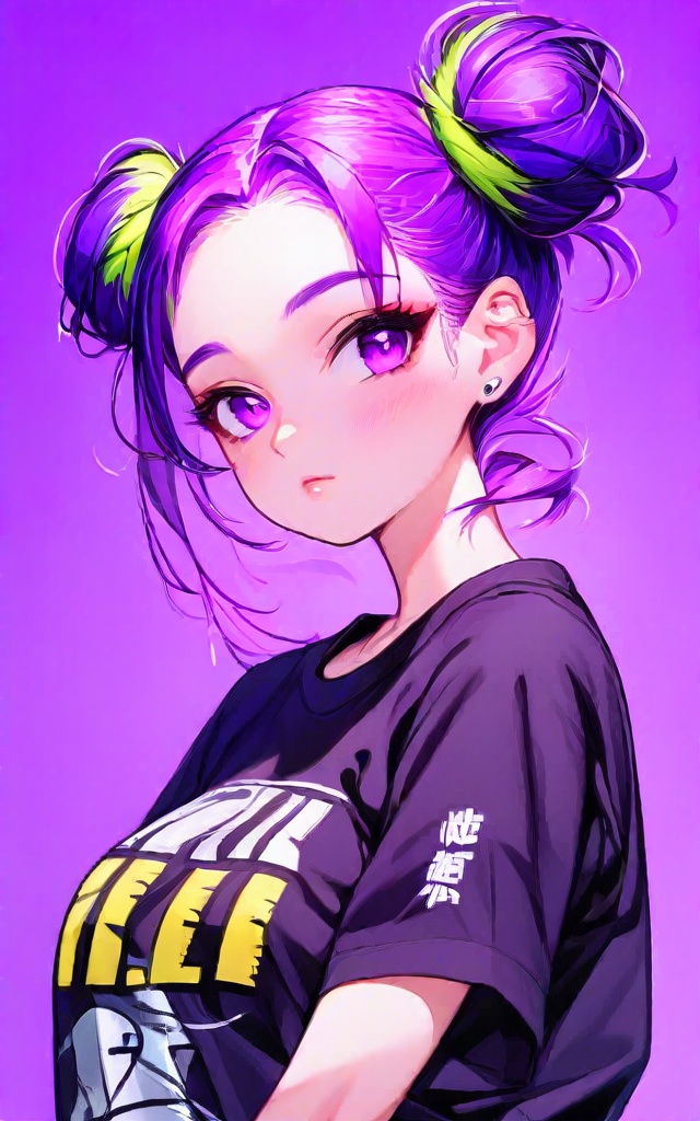 1girl, solo, breasts, looking at viewer, simple background, shirt, closed mouth, purple eyes, upper body, purple hair, multicolored hair, short sleeves, hair bun, black shirt, double bun, clothes writing, purple background