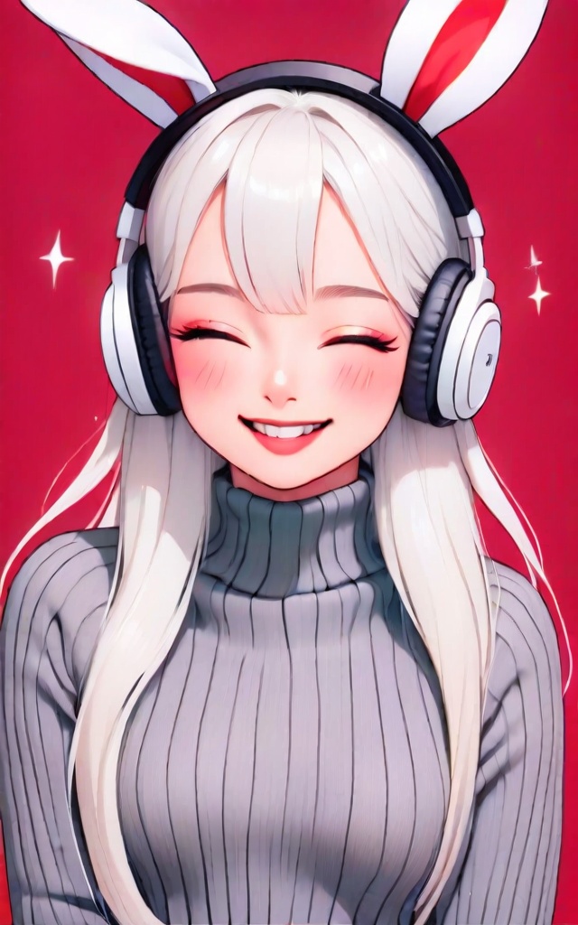1girl, solo, long hair, blush, smile, simple background, animal ears, upper body, closed eyes, white hair, rabbit ears, sweater, fake animal ears, turtleneck, headphones, facing viewer, red background, ribbed sweater, turtleneck sweater

