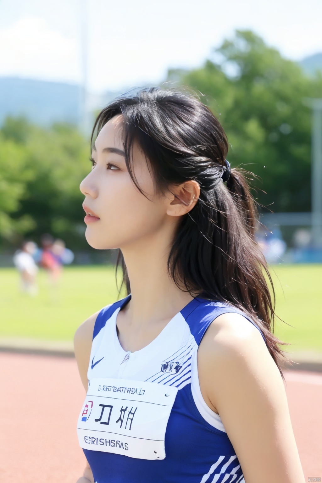 The image depicts an individual who appears to be engaged in a sports activity, suggested by the athletic attire and the background setting. The person has East Asian features and is captured from a side profile, emphasizing the hairstyle and facial features. The background is blurred, indicating motion or a shallow depth of field, which focuses attention on the subject. There are no explicit indicators of the exact location or event, but the attire suggests a competitive environment. The image does not provide any context that would necessitate an ethical consideration regarding bias or sensitive information.