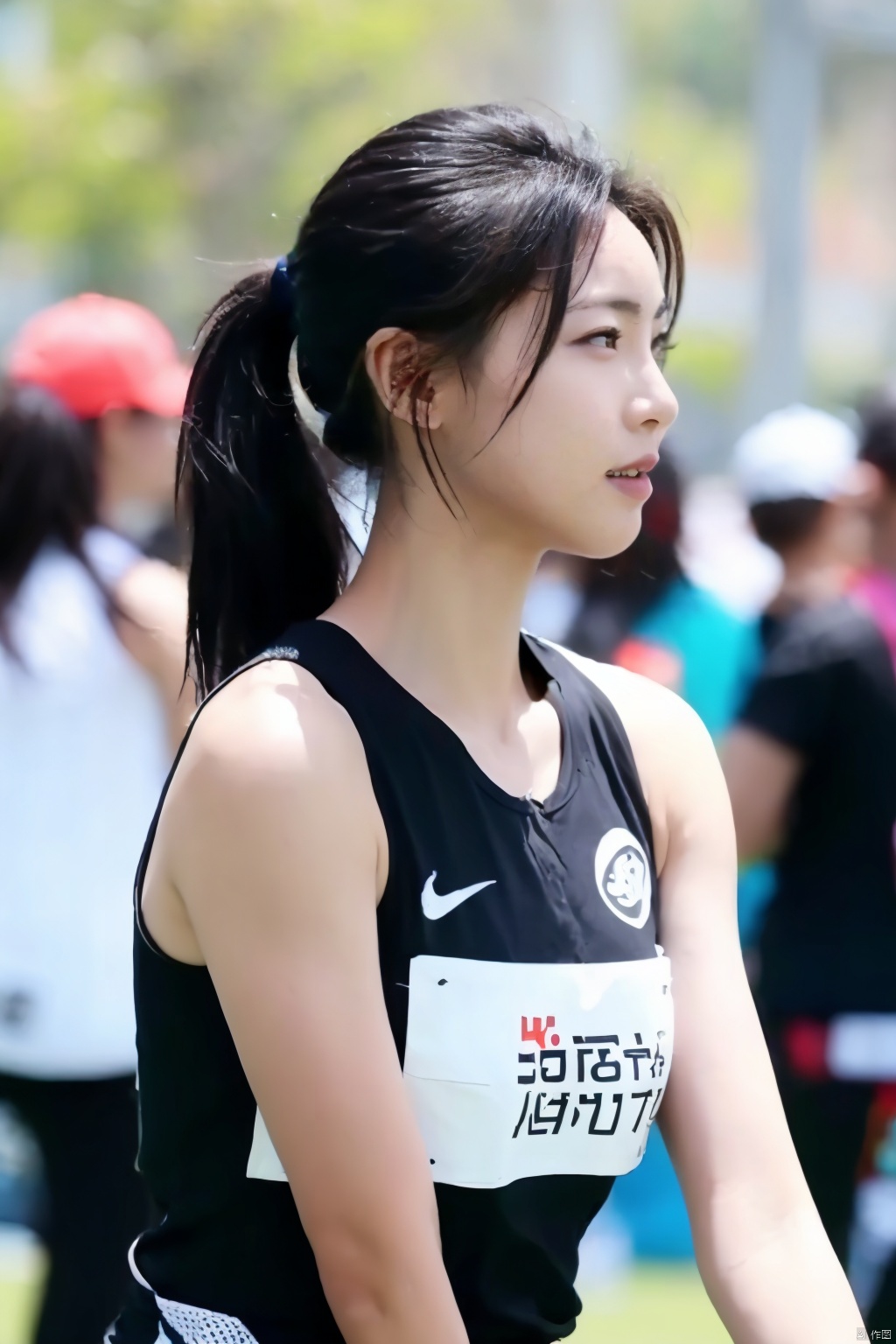 The image depicts an individual who appears to be engaged in a sports activity, suggested by the athletic attire and the background setting. The person has East Asian features and is captured from a side profile, emphasizing the hairstyle and facial features. The background is blurred, indicating motion or a shallow depth of field, which focuses attention on the subject. There are no explicit indicators of the exact location or event, but the attire suggests a competitive environment. The image does not provide any context that would necessitate an ethical consideration regarding bias or sensitive information.