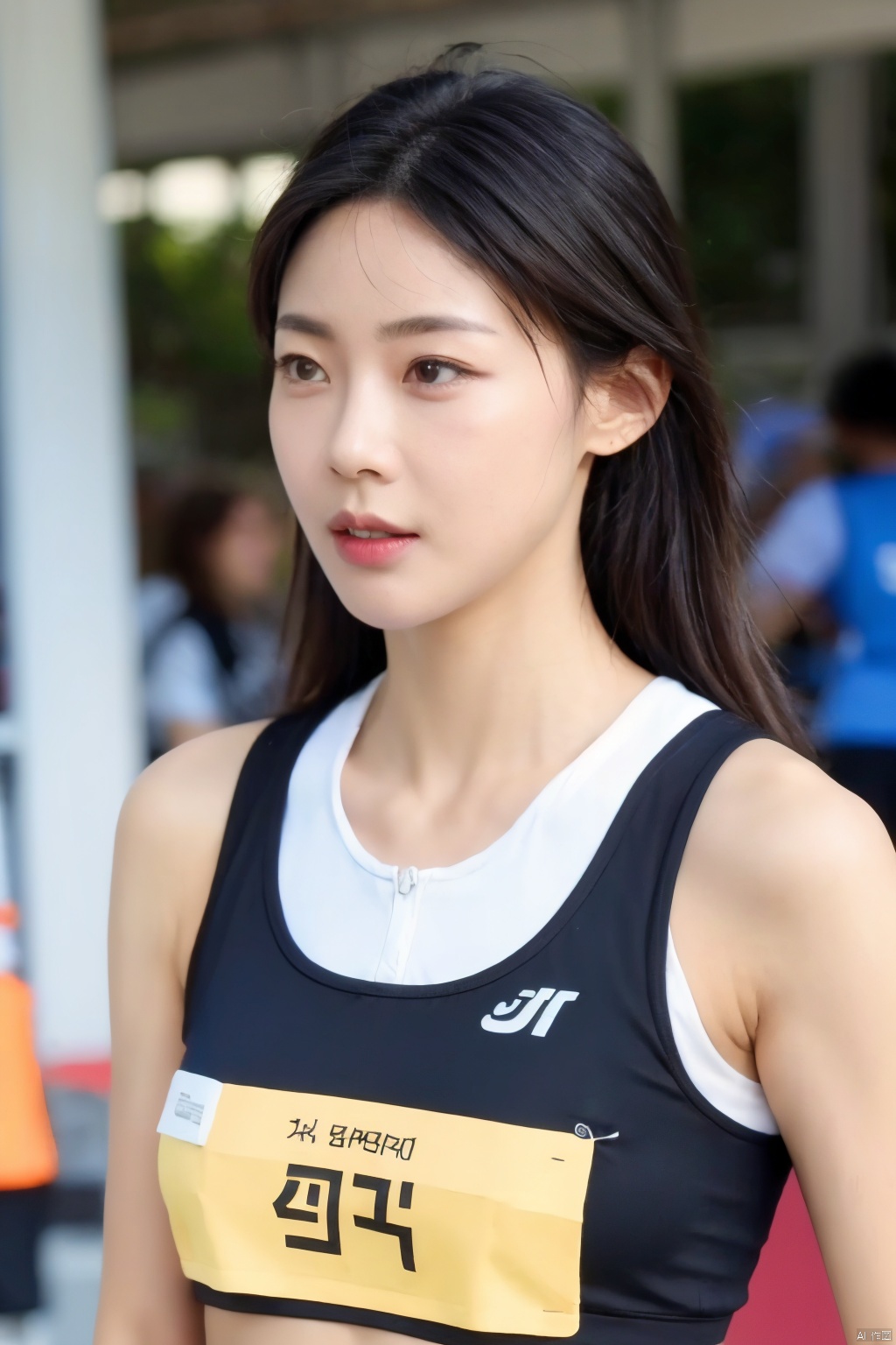  (RAW photo, 4k, realistic, exquisitely detailed skin),masterpiece,best quality,unity 8k wallpaper,ultra detailed,cinematic look,natural skin texture,extremely realistic skin texture,finely detailed face,(film grain:1.2),cinematic angle,Fujifilm XT3,,(highlydetailed),asian, black hair, blurry, blurry background, blurry foreground, clothes writing, depth of field, lips,  name tag, navel, realistic, solo focus, teeth