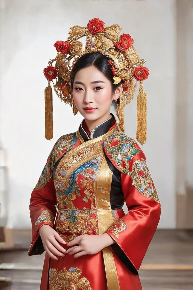 The image is a portrait of a person wearing traditional Chinese attire. The clothing and headdress suggest a historical or...