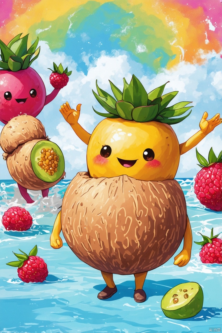 cute_ni
In the world of hand-drawn illustrations, a group of anthropomorphic fruit characters play happily in delightful scenes. Zooming in, you can see a character dressed as a coconut playing with sandbags, alongside hand-painted fruit characters such as passion fruit and raspberries, participating in the fun game. The background of the picture is a colorful hand-drawn paradise, clearly displayed.