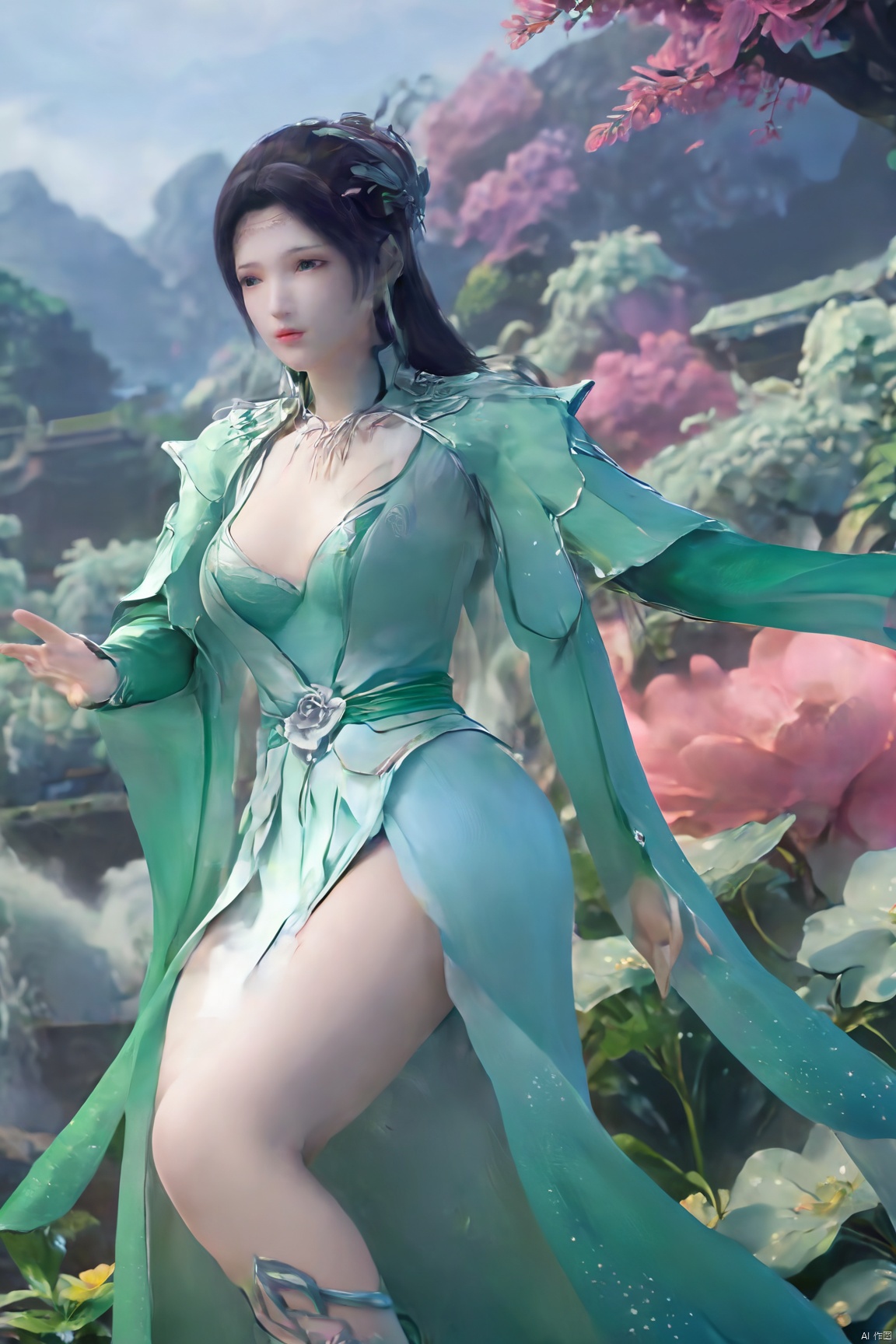 masterpiece,best quality,1girl,sitting, upper body,solo,Xyunyun,(big breasts:1.39),yuzu,ziling_xianzi,Xtianxiwei,green_theme,colorful blooming flowers,forming a dreamlike world,flower_garden,flowers everywhere,greens,pinks,