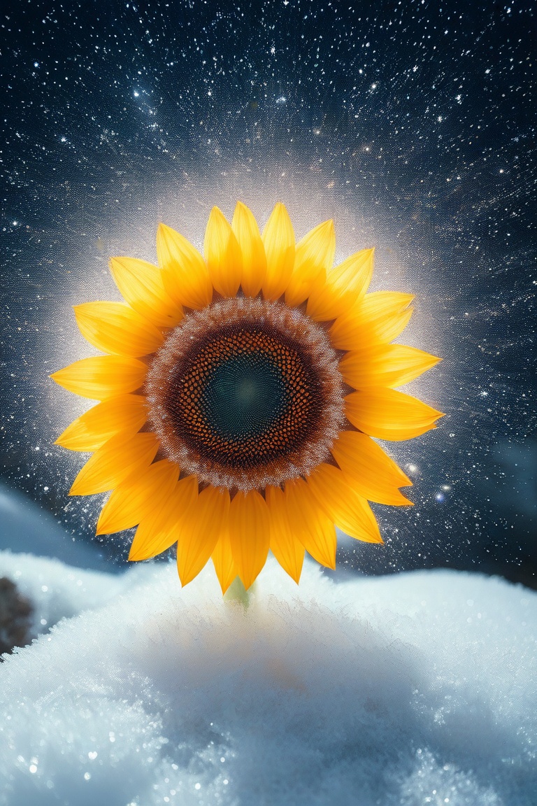 A close up fantastic image of sunflower ,outline containing the entire galaxy inside of it covered in snow, a soft aura around it ,glitter,shiny
