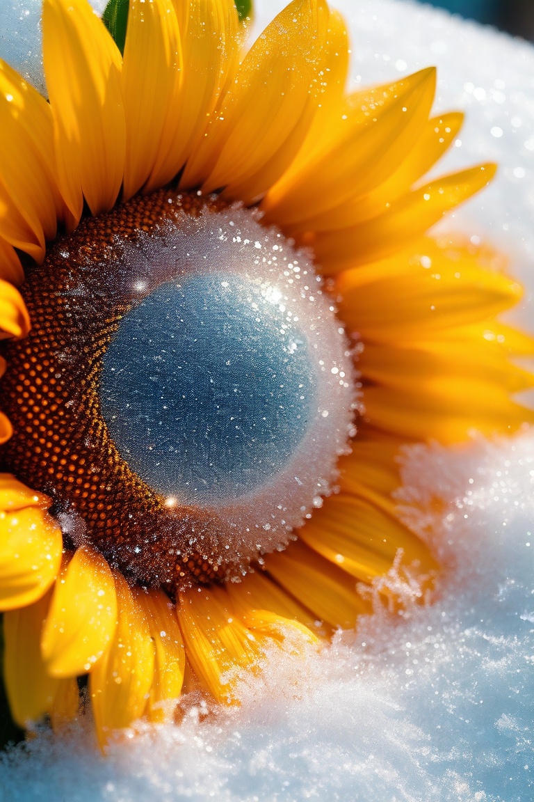 A close up fantastic image of sunflower ,outline containing the entire galaxy inside of it covered in snow, a soft aura around it ,glitter,shiny
