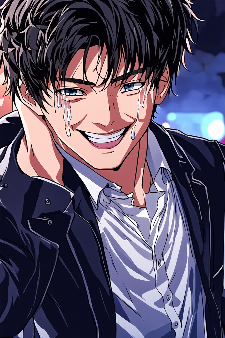The disco ballroom. A handsome young man in a messy suit dances casually on the smooth dance floor, his dancing skills are rusty. the loud and strong rhythm breaks up the broken memories that are already incompletely pieced together in his mind, and his smile gets brighter and brighter, but the sorrow in his eyes gets deeper and deeper. Unclad and serene, the handsome young man exuded an enchanting aura. his charming smile held a magical allure, yet his eyes held a deep sorrow. Charming eyes, black pupils of endless sadness. laughing while tears slid down his cheeks and intertwined with the sweat on his forehead. With every spin and jump, he seemed to be celebrating life and mourning loss. (Dark short hair, young man, Asian male. melancholic handsome face, black hair and eyes. faces with tears. charming, smile, good body, messy white shirt, lost tie. sexy. ) (official art. Intricate details. Use more blue tones, anime style, Cold colors, romance, tragedy, madness, Chaos. Stylized aesthetic.) Wide angle view, from above. close up. his face with tears.
