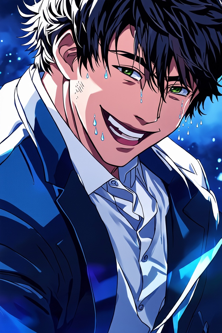 The disco ballroom. A handsome young man in a messy suit dances casually on the smooth dance floor, his dancing skills are rusty. the loud and strong rhythm breaks up the broken memories that are already incompletely pieced together in his mind, and his smile gets brighter and brighter, but the sorrow in his eyes gets deeper and deeper. Unclad and serene, the handsome young man exuded an enchanting aura. his charming smile held a magical allure, yet his eyes held a deep sorrow. Charming eyes, black pupils of endless sadness. laughing while tears slid down his cheeks and intertwined with the sweat on his forehead. With every spin and jump, he seemed to be celebrating life and mourning loss. (Dark short hair, young man, Asian male. melancholic handsome face, black hair and eyes. faces with tears. charming, smile, good body, messy white shirt, lost tie. sexy. ) (official art. Intricate details. Use more blue tones, anime style, Cold colors, romance, tragedy, madness, Chaos. Stylized aesthetic.) Wide angle view, from above. close up. his face with tears.

