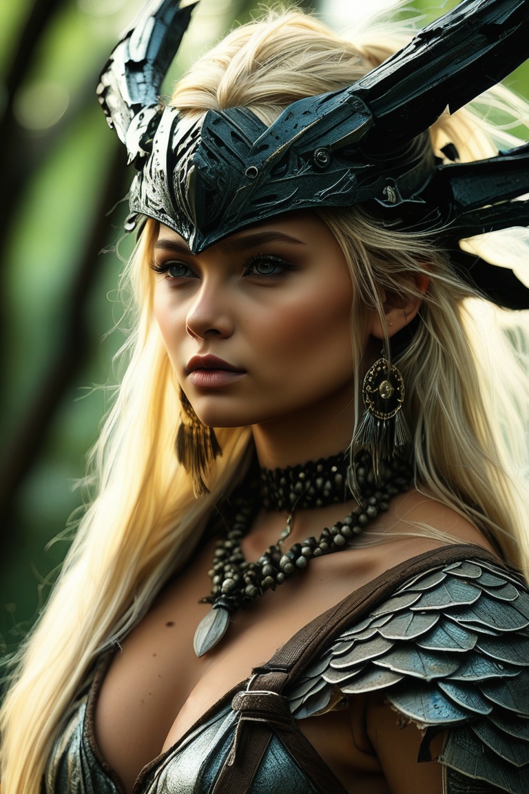 close up on face, masterpiece, great lighting, closeup portrait of stunning tribal elf, Japanese, long blonde hair, bangs, tanned skin, dragon-skull bone helmet, earrings, hair ornaments, leather armor, no shirt, cleavage, armlets, ornate necklace, forest in dappled sunlight. Perfect Composition, realistic photographic image, RAW photo highest qualit