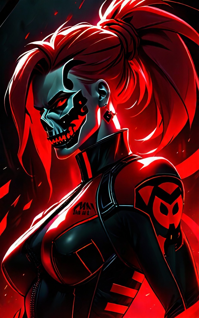 The image shows a woman with red hair and a skull on her head, set against a dark background. She is wearing a black and red outfit, and her expression is one of determination and strength, as if she is ready to take on any challenge that comes her way. The image is animated, giving it a dynamic and powerful feel,game character style