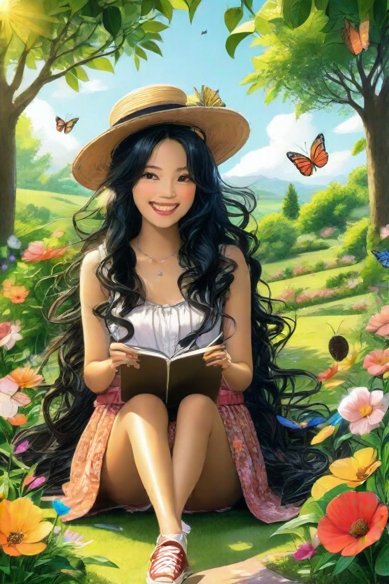 A hyper-realistic illustration of a Latina woman with long, wavy black hair and a sun hat sits cross-legged in a colorful garden. Surrounded by vibrant flowers and fluttering butterflies, she wears a serene smile and holds a sketchbook, diligently drawing the picturesque scenery. The scene is framed with the garden in the foreground, showcasing the abundance of nature's beauty. Bright, cheerful lighting enhances the playful and joyful atmosphere, emphasizing the theme of self-love through creativity and communion with nature.