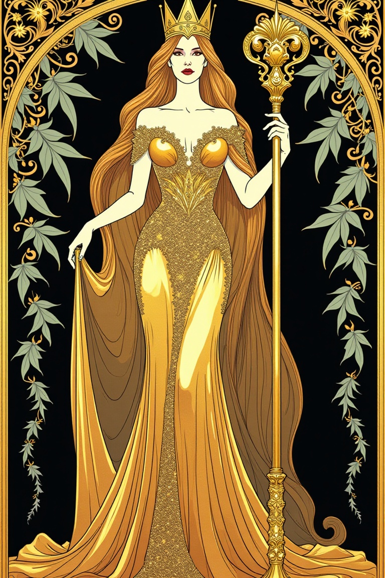A majestic Queen stands tall,  adorned in an intricately designed golden gown that shimmers like the sun. Her long,  flowi...