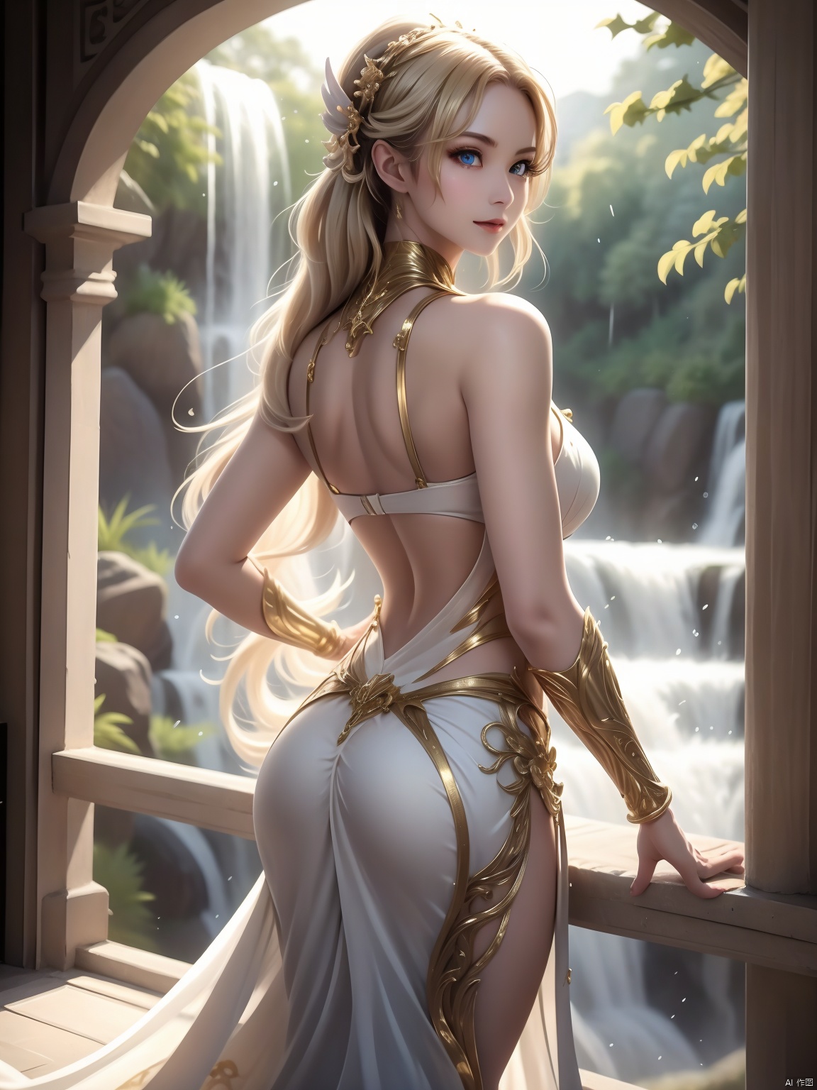 Boa Hancock standing confidently from behind, her long blonde hair flowing down her back like a golden waterfall. Her piercing blue eyes gaze out at the viewer, a hint of amusement playing on her lips. The warm sunlight casts a flattering glow on her porcelain skin, highlighting the subtle curves of her figure. She wears a stunning white and gold armor set, adorned with intricate designs that seem to shimmer in the light.