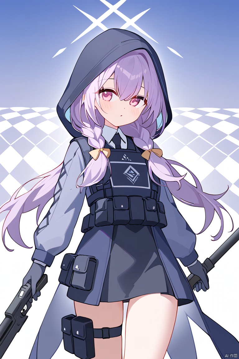  nai3, 11girl,solo,(masterpiece:1.3),( beautiful:1.2),(high quality:1.2),(finely detailed:1.2),extremely detailed CG unity 8k wallpaper,best quality,a very delicate and beautiful,perfect fingers,(one cute girl at the center:1.2),

1girl, solo, long hair, looking at viewer, blush, simple background, gloves, hair between eyes, purple eyes, jacket, weapon, braid, hood, pink eyes, twin braids, gun, halo, pouch, holster, thigh holster, tactical clothes,white background, argyle background,atsukoBA