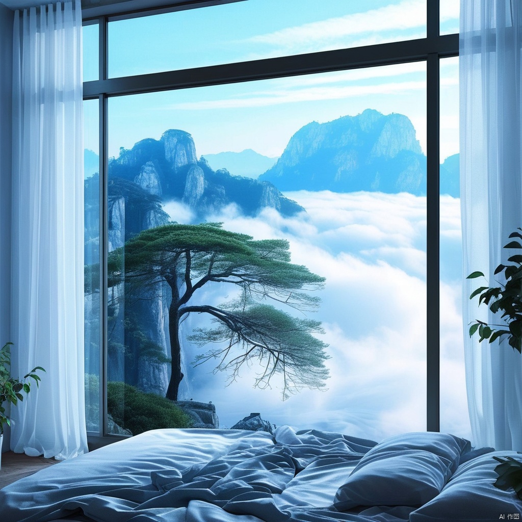 sky, day, cloud, indoors, tree, no humans, window, bed, table, plant, curtains, scenery, mountain