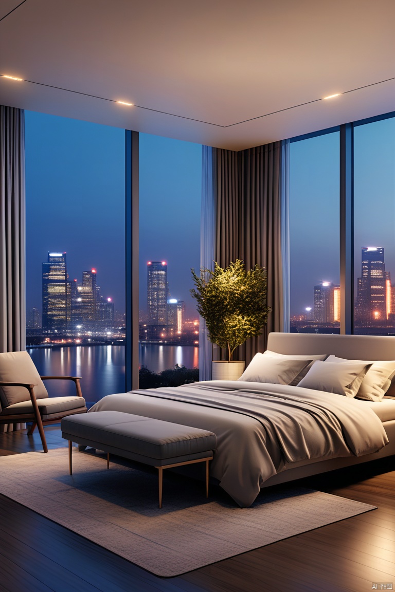 sky, indoors, cup, pillow, no humans, window, bed, night, chair, table, plant, building, scenery, couch, city, lamp, cityscape, skyscraper, city lights, skyline