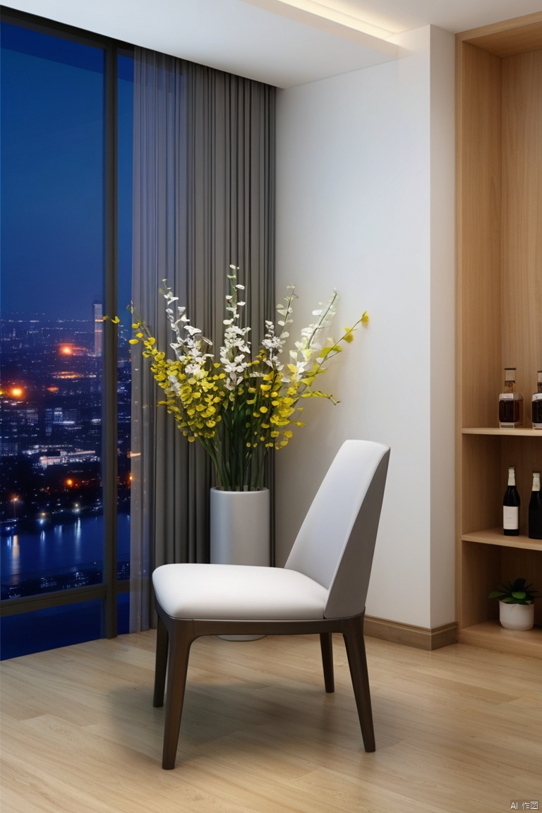 flower, sky, indoors, cup, no humans, window, night, chair, table, bottle, plant, building, night sky, scenery, wooden floor, city, lamp, cityscape, vase, flower pot