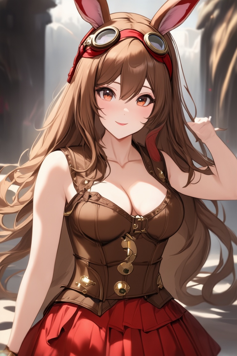 anitrait,  a young woman with long,  flowing brown hair and is wearing a red headband with bunny ears. Her attire suggests...