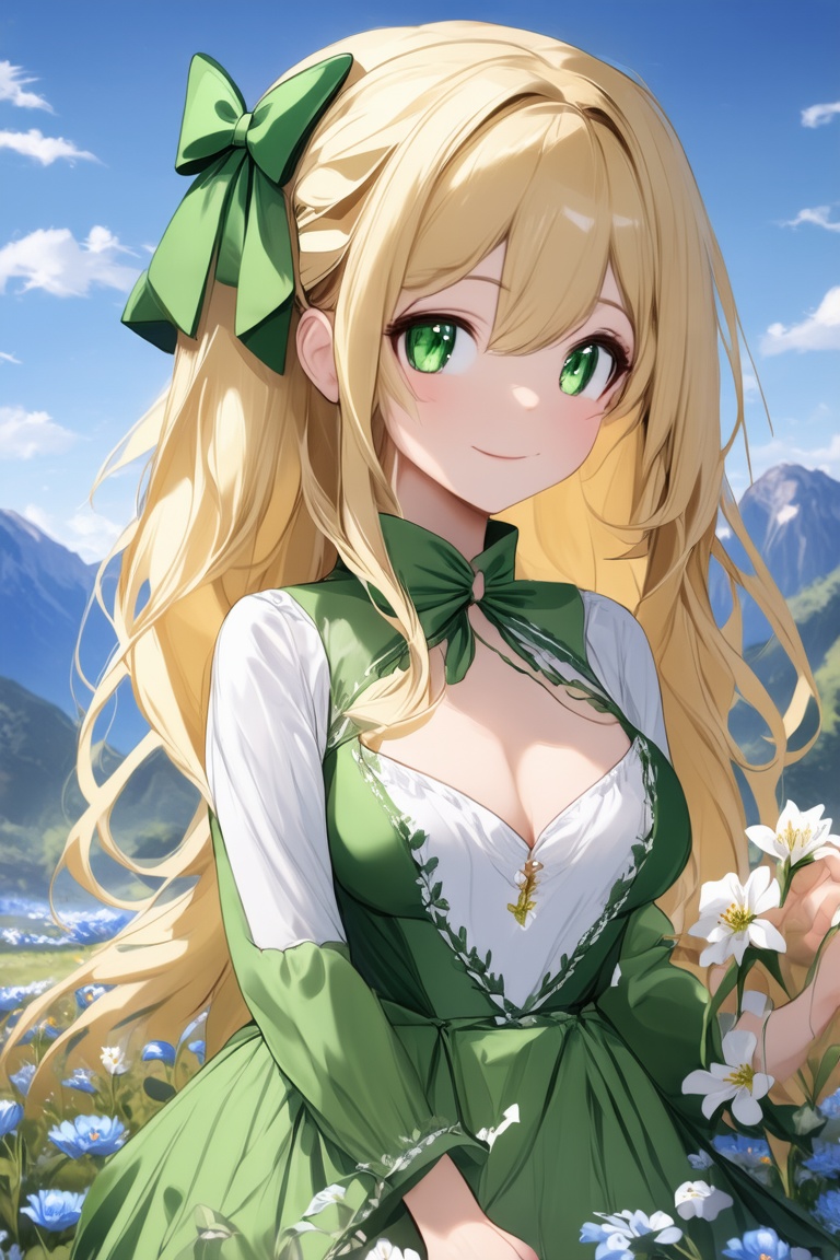 anitrait,  a young girl with long blonde hair and green eyes. She is wearing a green and white dress with a large green bo...