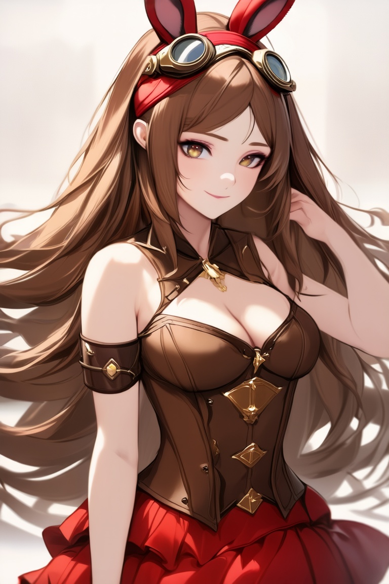 anitrait,  a woman with long,  flowing brown hair and is wearing a red headband with bunny ears. Her attire suggests a ste...