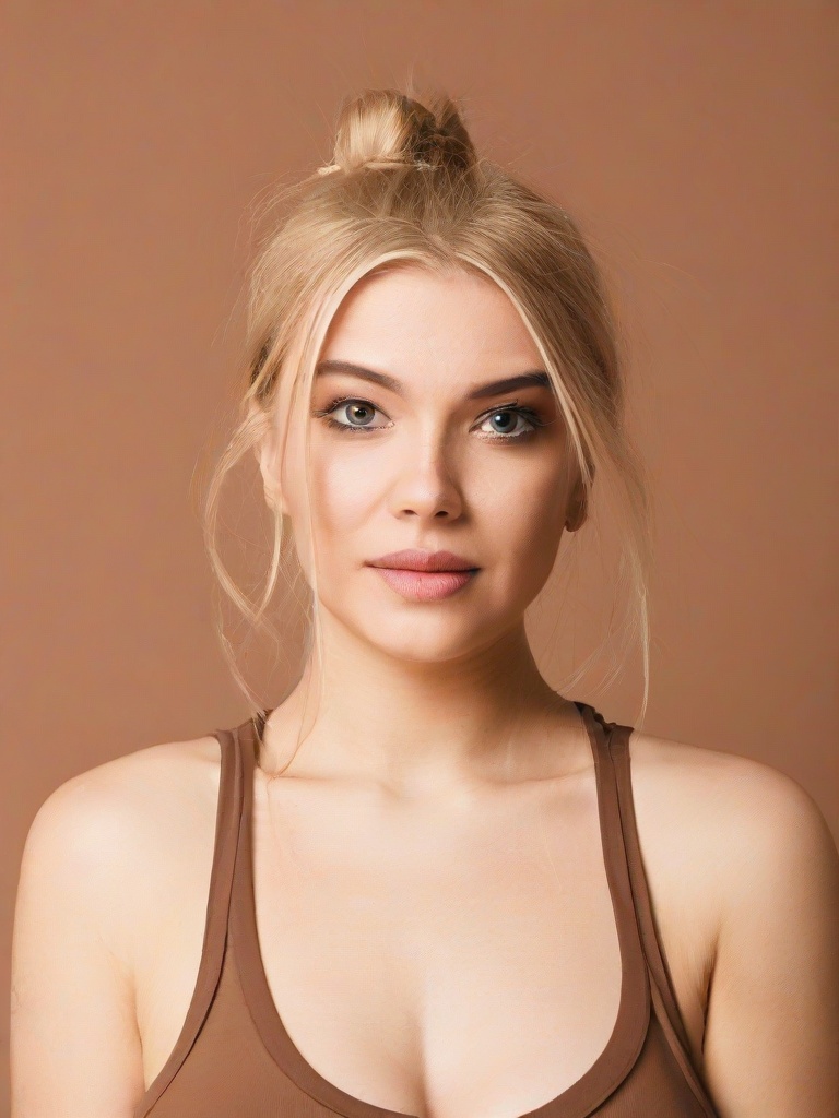 a woman in a brown **** top posing for a picture against a brown background. She is identified as Kaitlyn Smith, and the photo was taken by a professional photographer
